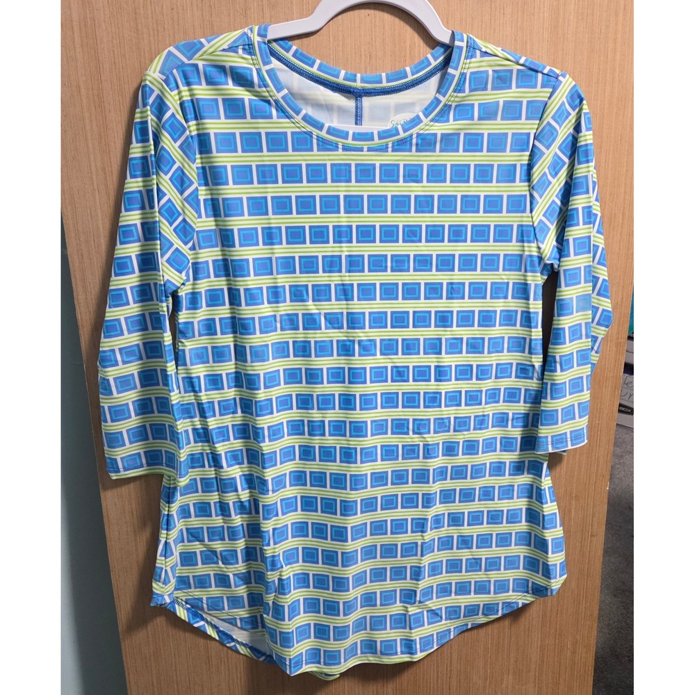 Southwind Apparel Womens Medium Blue Green Geometric Square Print 3/4 Sleeve Top